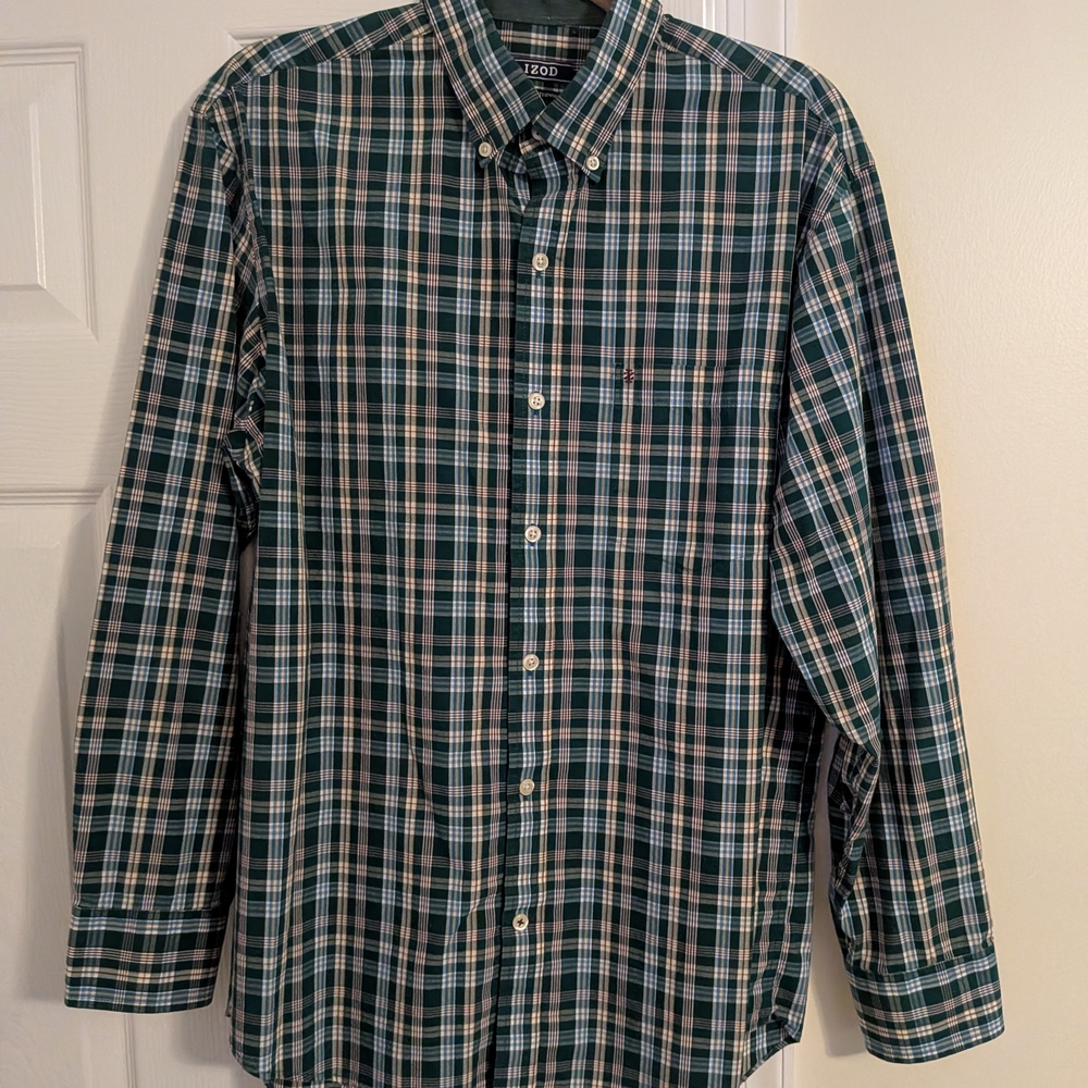 Izod Men's Blue and White Plaid Button Down Shirt